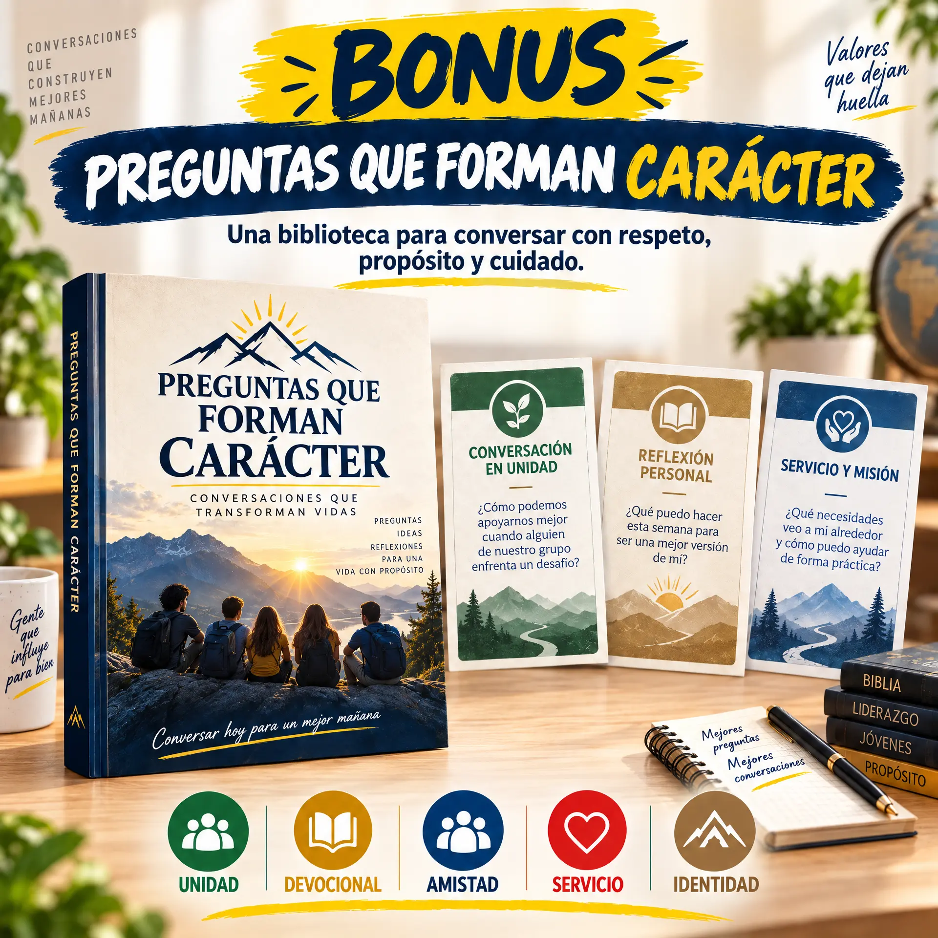 Muestra del bono 3: libro de preguntas que forman carácter con fichas de conversación, reflexión personal y servicio