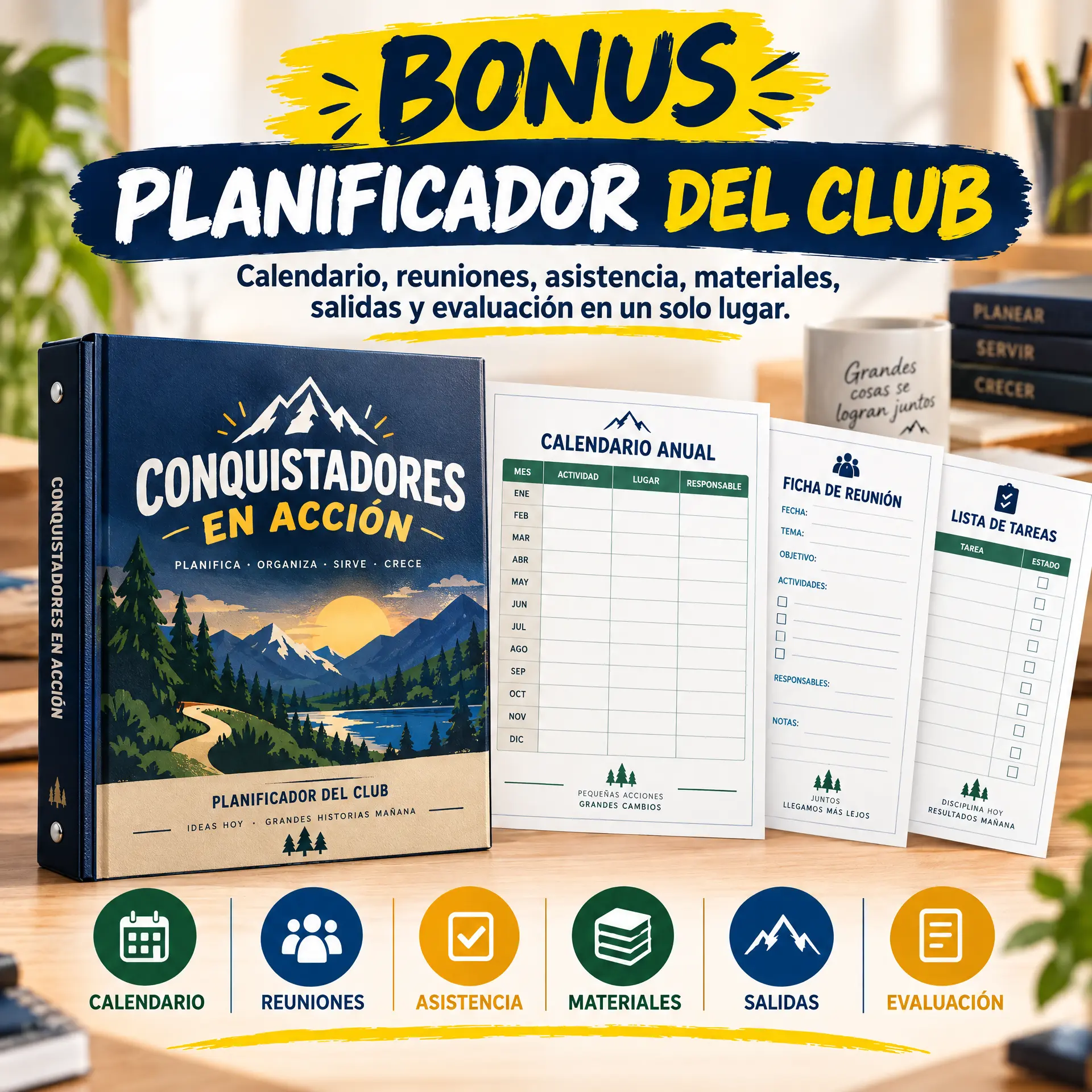 Muestra del bono 4: planificador del club con calendario anual, ficha de reunión y lista de tareas