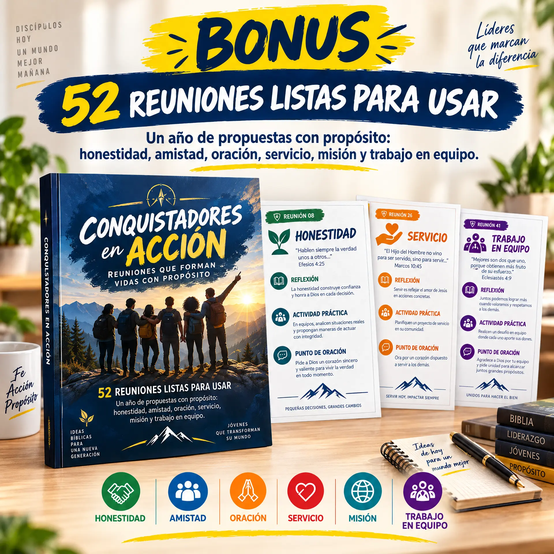 Muestra del bono 1: libro de 52 reuniones listas para usar con fichas de honestidad, servicio y trabajo en equipo