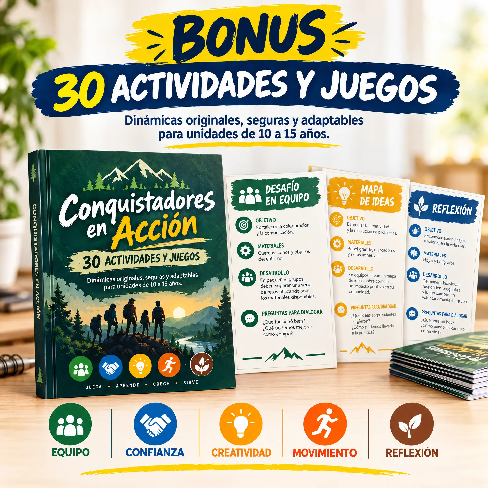 Muestra del bono 2: libro de 30 actividades y juegos con fichas de desafío en equipo, mapa de ideas y reflexión