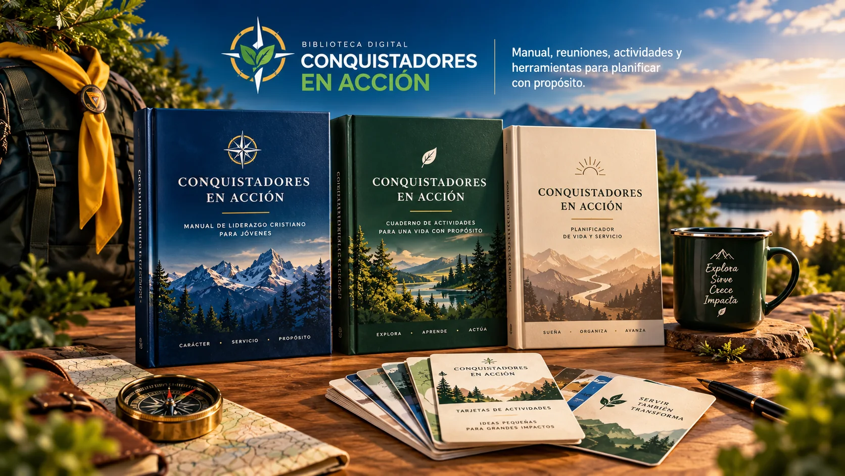 Representación ilustrativa de la biblioteca: tres cuadernos — Manual de liderazgo cristiano para jóvenes, Cuaderno de actividades y Planificador de vida y servicio — junto a tarjetas de actividades, una brújula, una taza y una mochila, sobre una mesa de madera frente a un paisaje de montañas